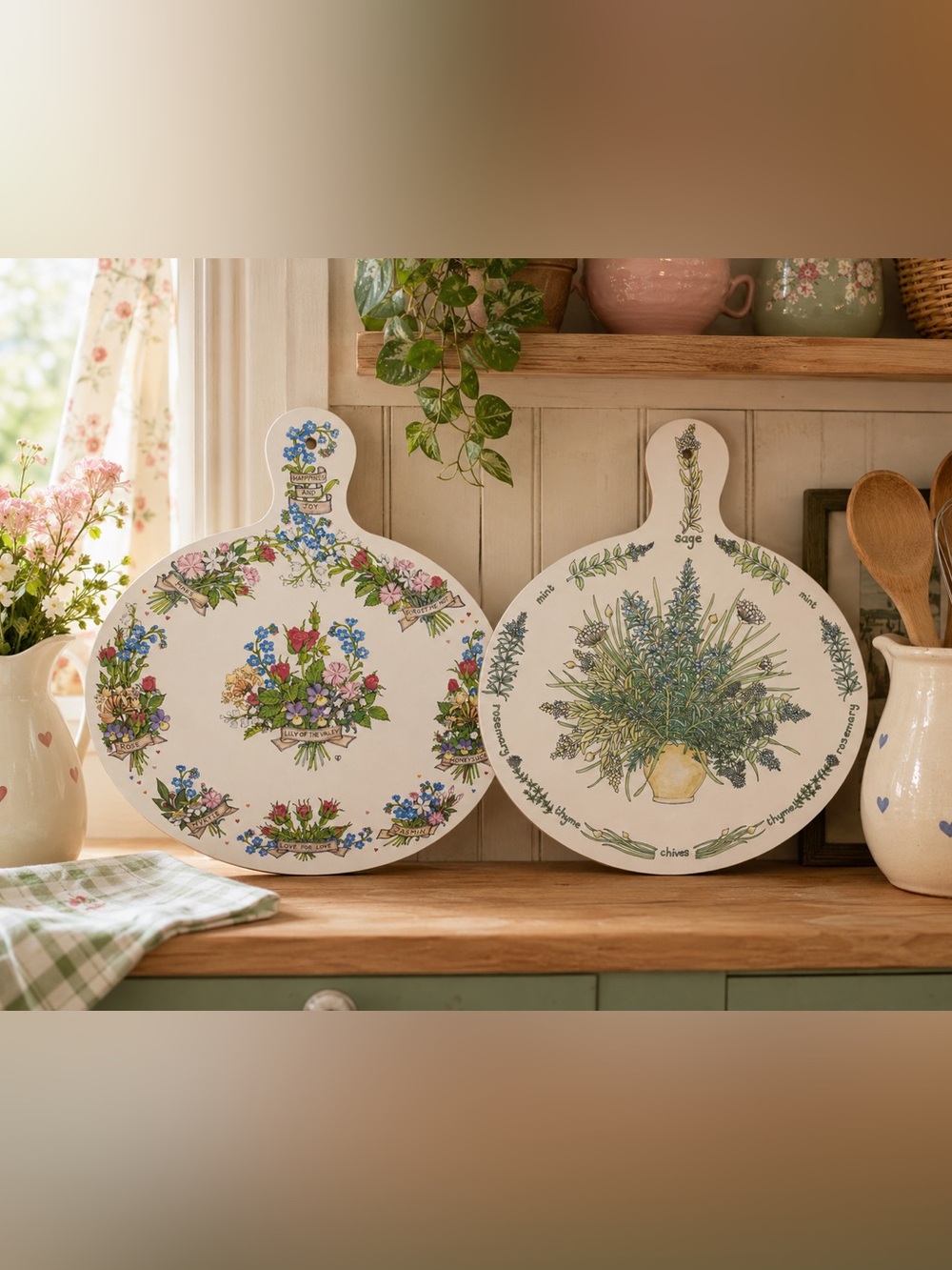 Vintage Melamine Cutting Boards + Decor – Set of 2 Herb & Romantic Floral